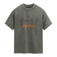 Dancing Skeleton Washed Cotton T-Shirt Retro Halloween Party Pumpkin Fall Season