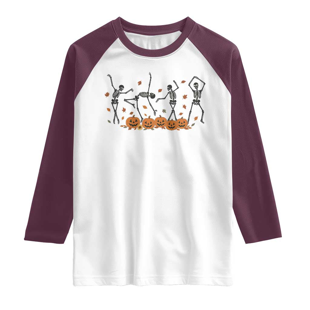 Dancing Skeleton Raglan Shirt Retro Halloween Party Pumpkin Fall Season - Wonder Print Shop