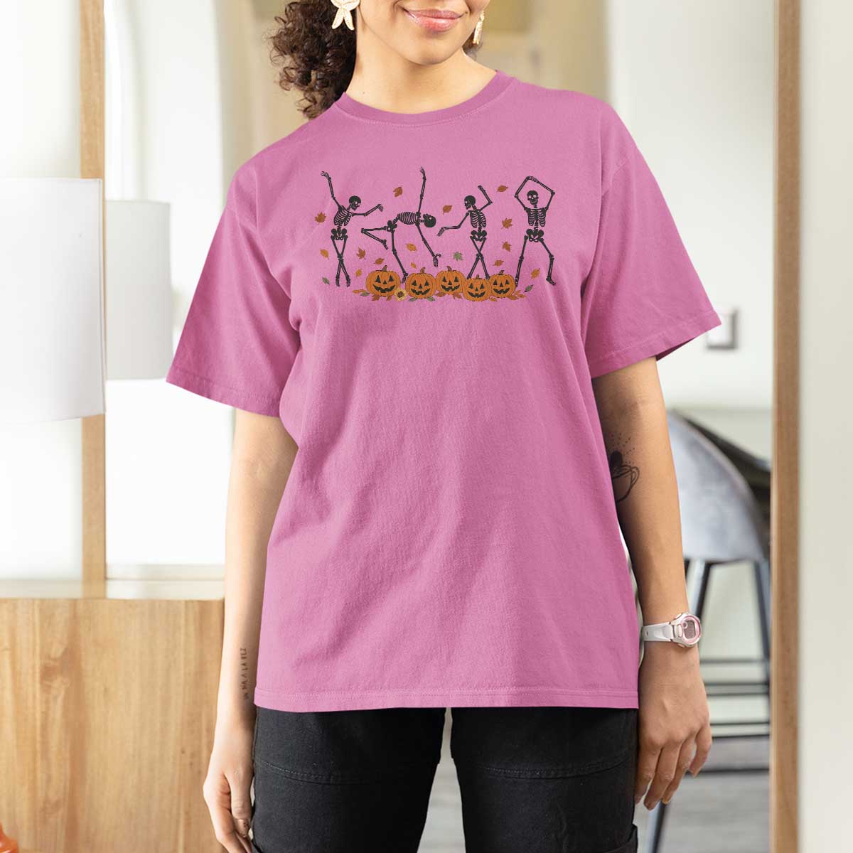 Dancing Skeleton T Shirt For Women Retro Halloween Party Pumpkin Fall Season - Wonder Print Shop