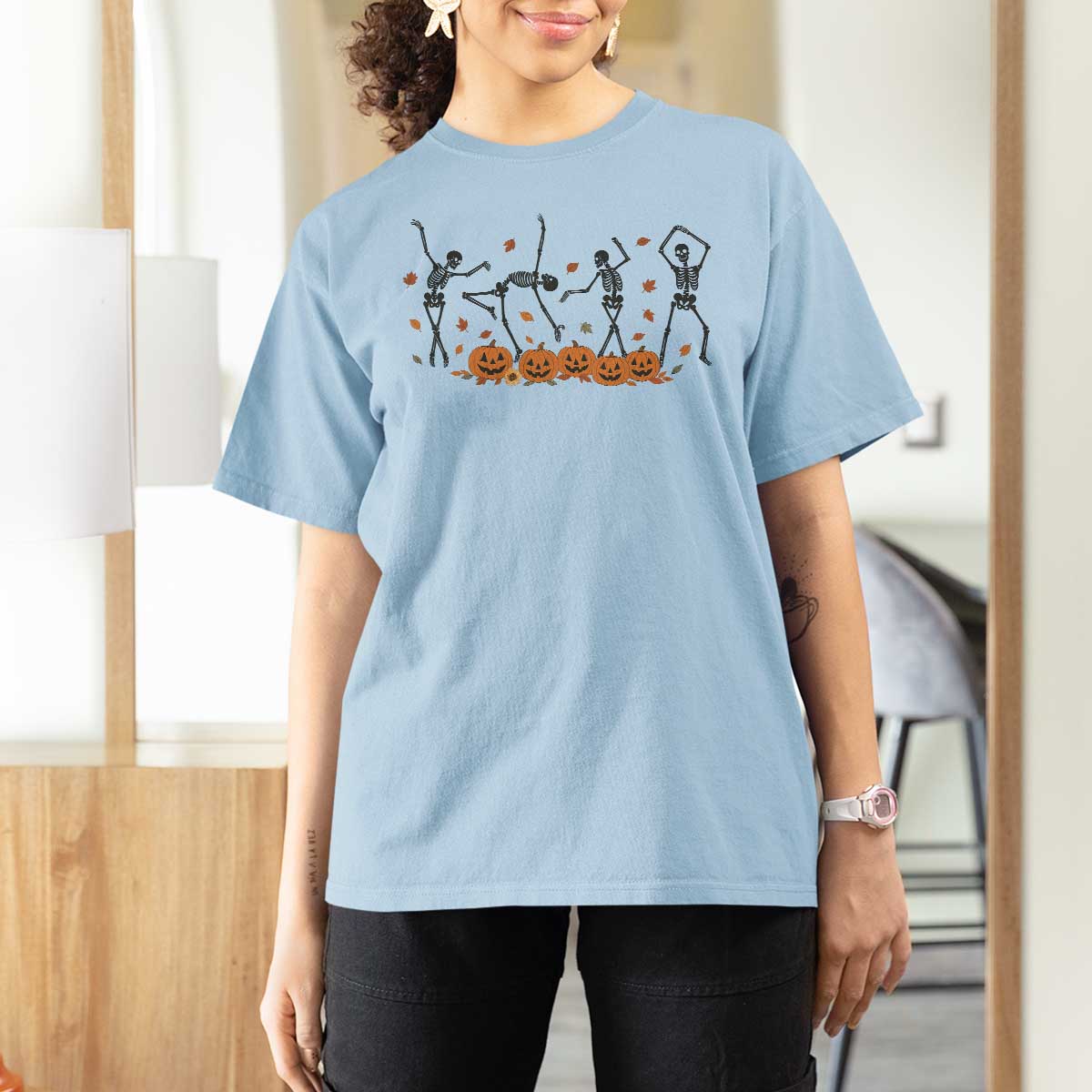 Dancing Skeleton T Shirt For Women Retro Halloween Party Pumpkin Fall Season - Wonder Print Shop
