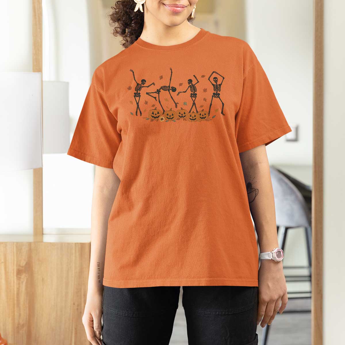 Dancing Skeleton T Shirt For Women Retro Halloween Party Pumpkin Fall Season - Wonder Print Shop