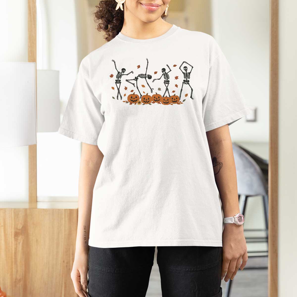 Dancing Skeleton T Shirt For Women Retro Halloween Party Pumpkin Fall Season - Wonder Print Shop