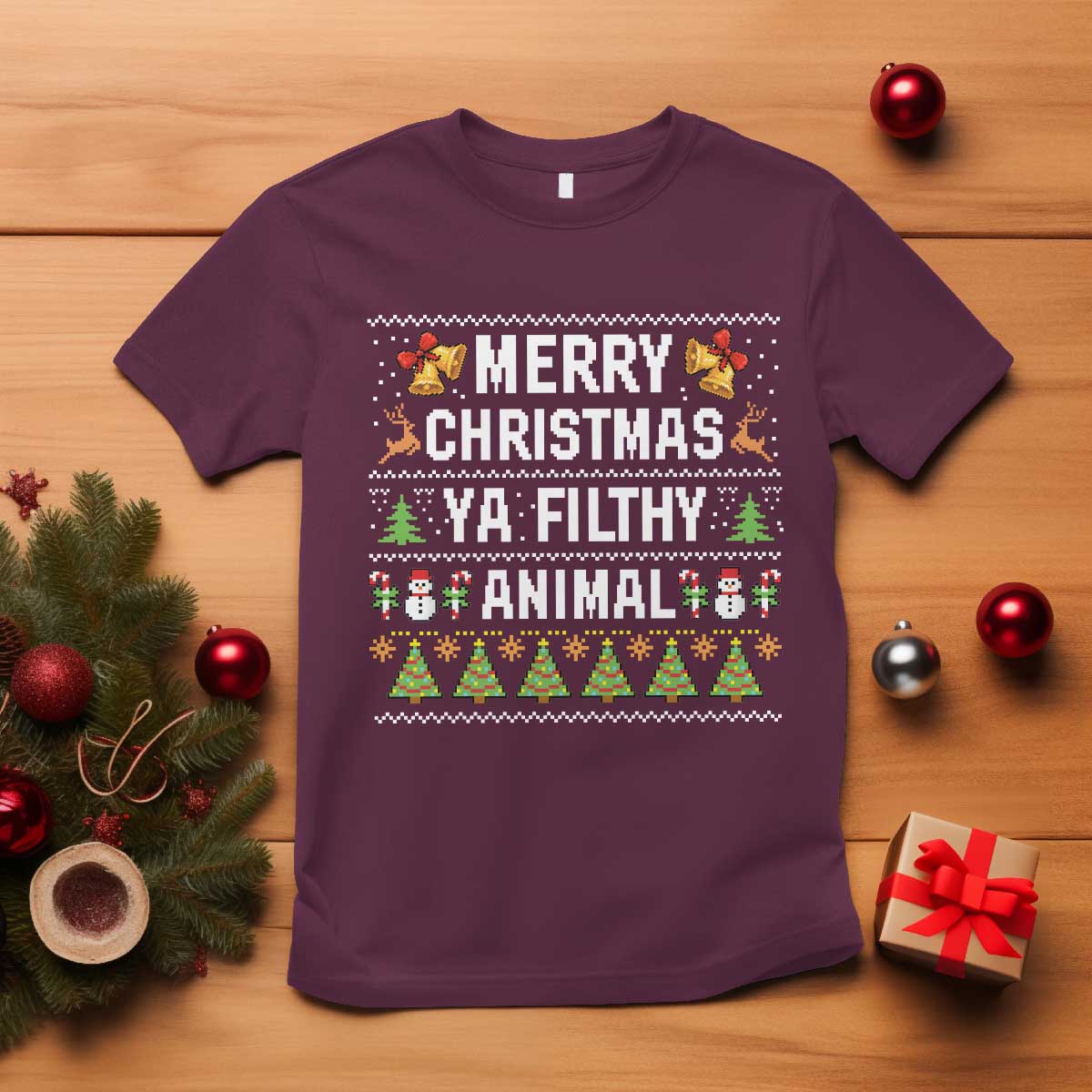 Merry Christmas Ya Filthy Animal T Shirt Ugly Xmas Movie Alone Pajama - Wonder Print Shop