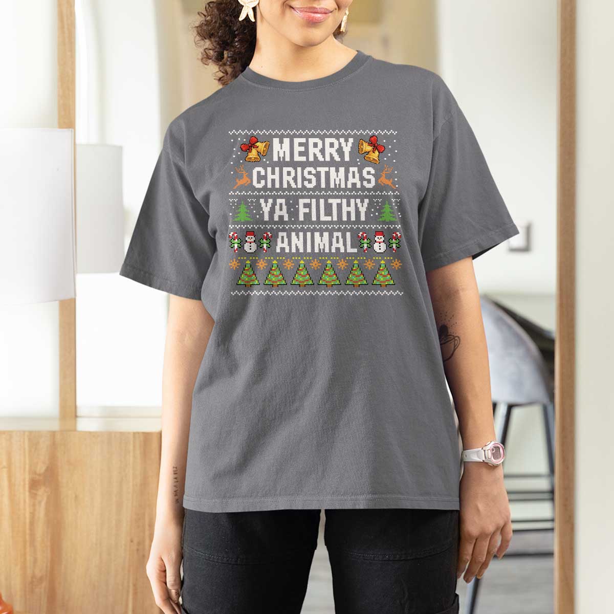 Merry Christmas Ya Filthy Animal T Shirt For Women Ugly Xmas Movie Alone Pajama - Wonder Print Shop