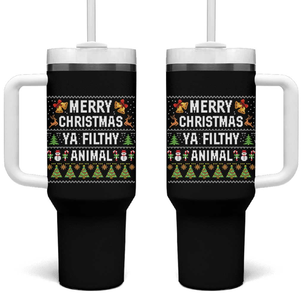 Merry Christmas Ya Filthy Animal Tumbler With Handle Ugly Xmas Movie Alone Pajama - Wonder Print Shop