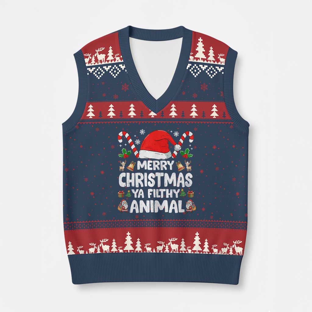 Merry Xmas Ya Filthy Animal V-Neck Knit Sweater Vest Funny Home Xmas Alone Movie Pajama - Wonder Print Shop