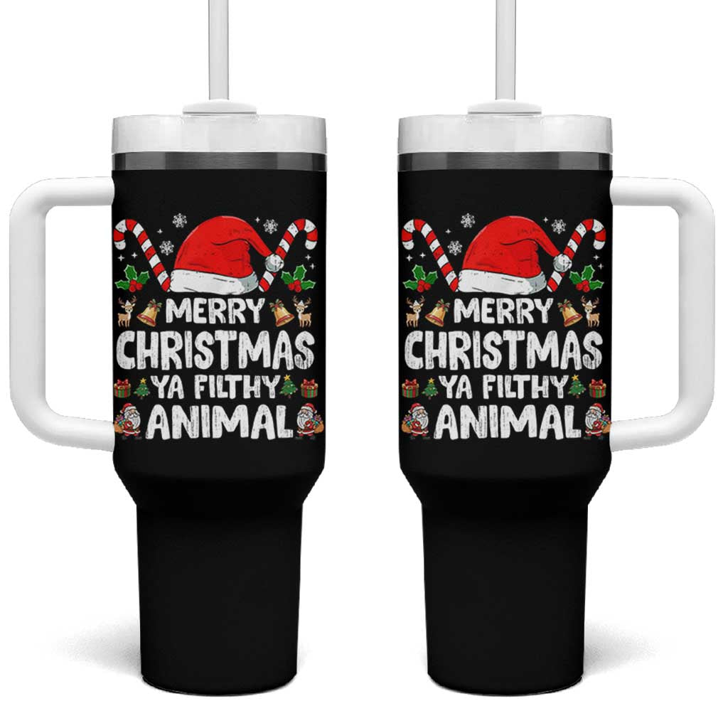 Merry Christmas Ya Filthy Animal Tumbler With Handle Funny Home Xmas Alone Movie Pajama - Wonder Print Shop