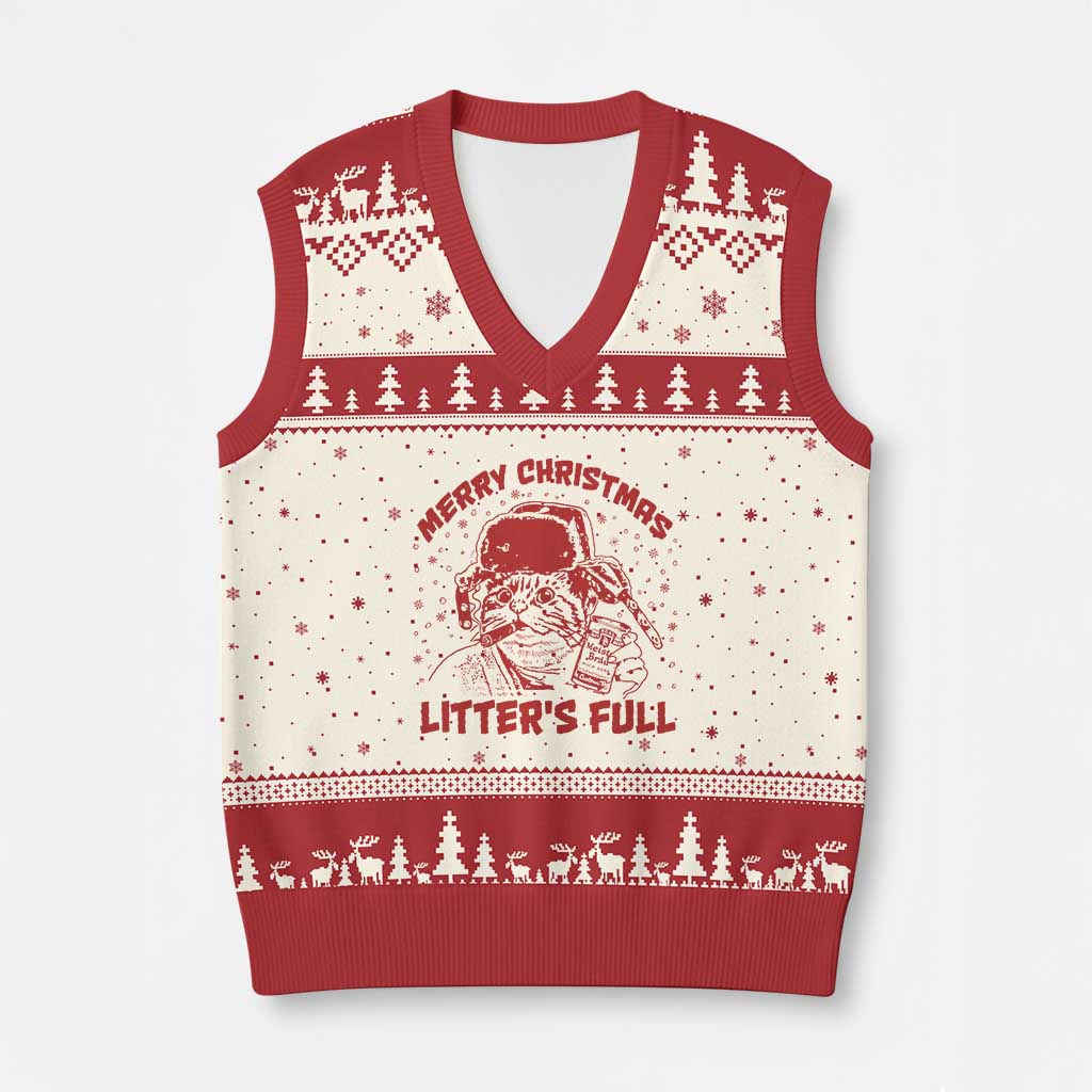 Litters Full V-Neck Knit Sweater Vest Funny Cat Xmas Vacation - Wonder Print Shop