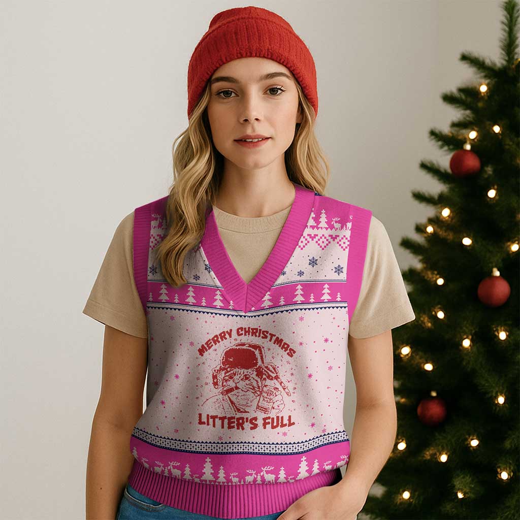 Litters Full V-Neck Knit Sweater Vest Funny Cat Xmas Vacation - Wonder Print Shop