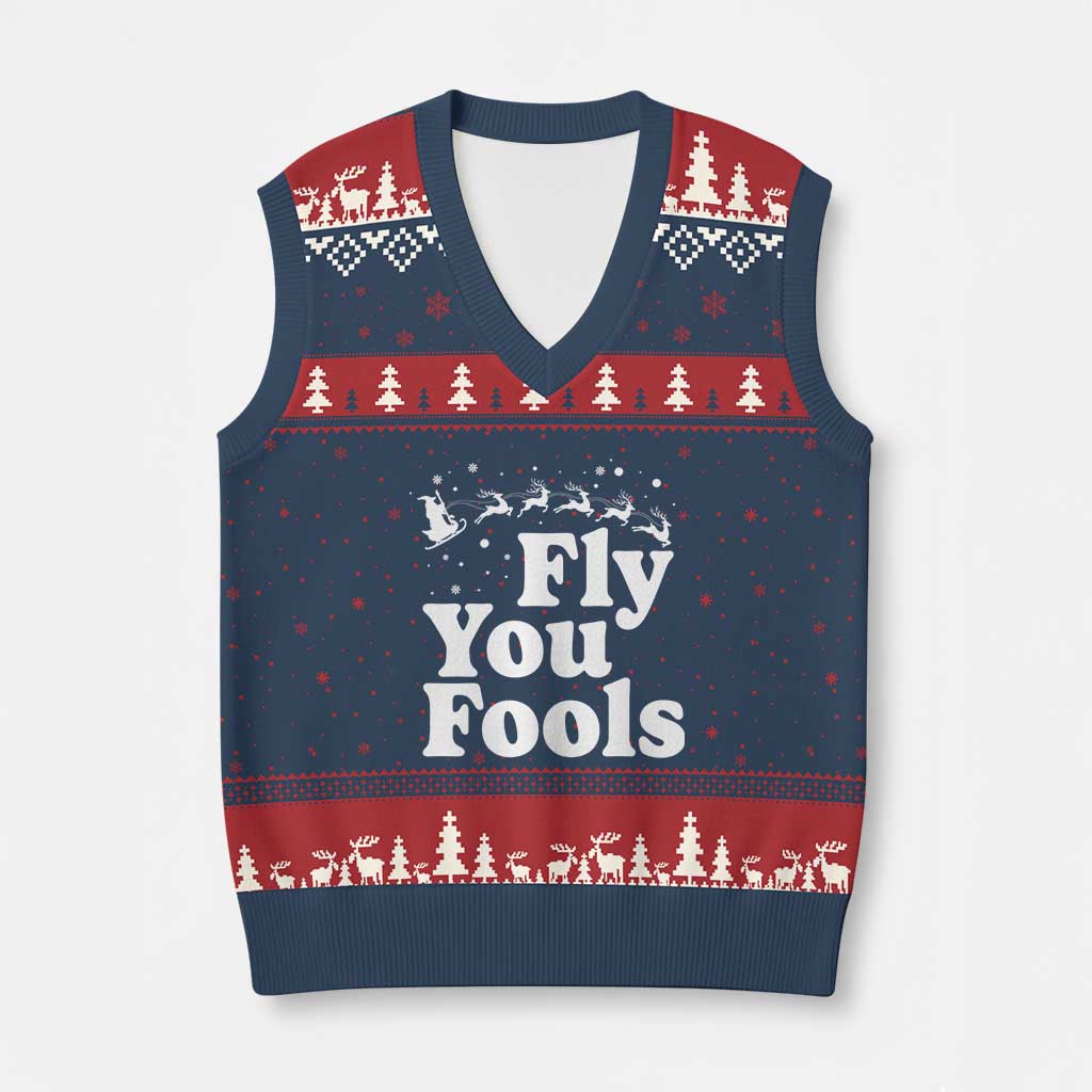 Funny Xmas V-Neck Knit Sweater Vest Fly You Fools Fantasy Movie Santa Sleigh Reindeer - Wonder Print Shop