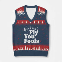 Funny Xmas V-Neck Knit Sweater Vest Fly You Fools Fantasy Movie Santa Sleigh Reindeer - Wonder Print Shop
