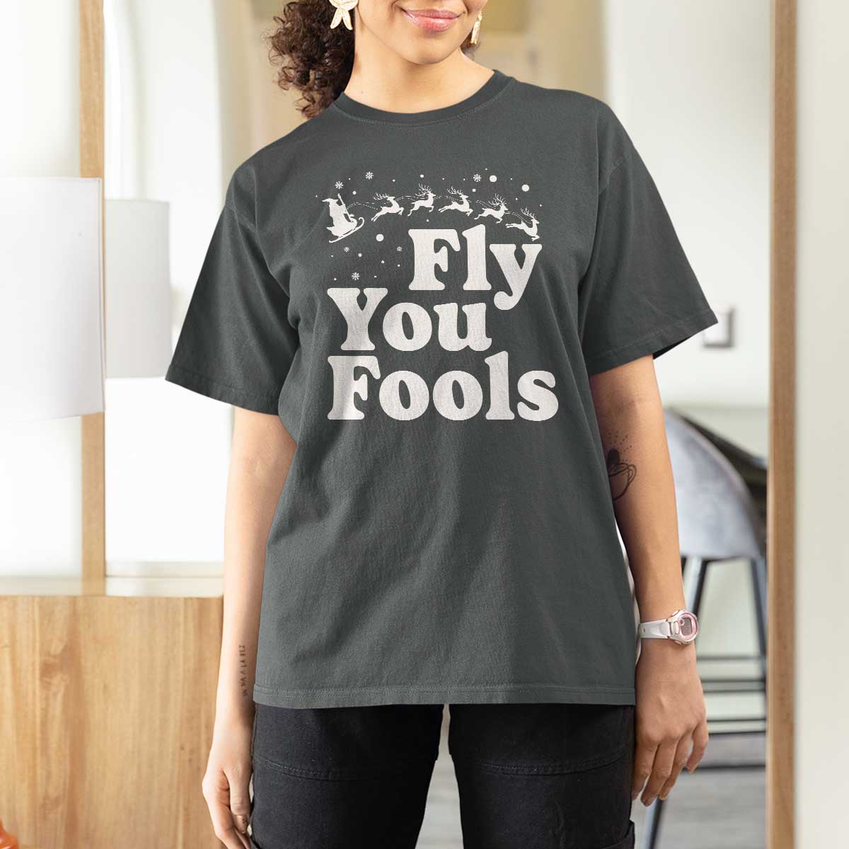 Funny Christmas T Shirt For Women Fly You Fools Fantasy Movie Santa Sleigh Reindeer - Wonder Print Shop