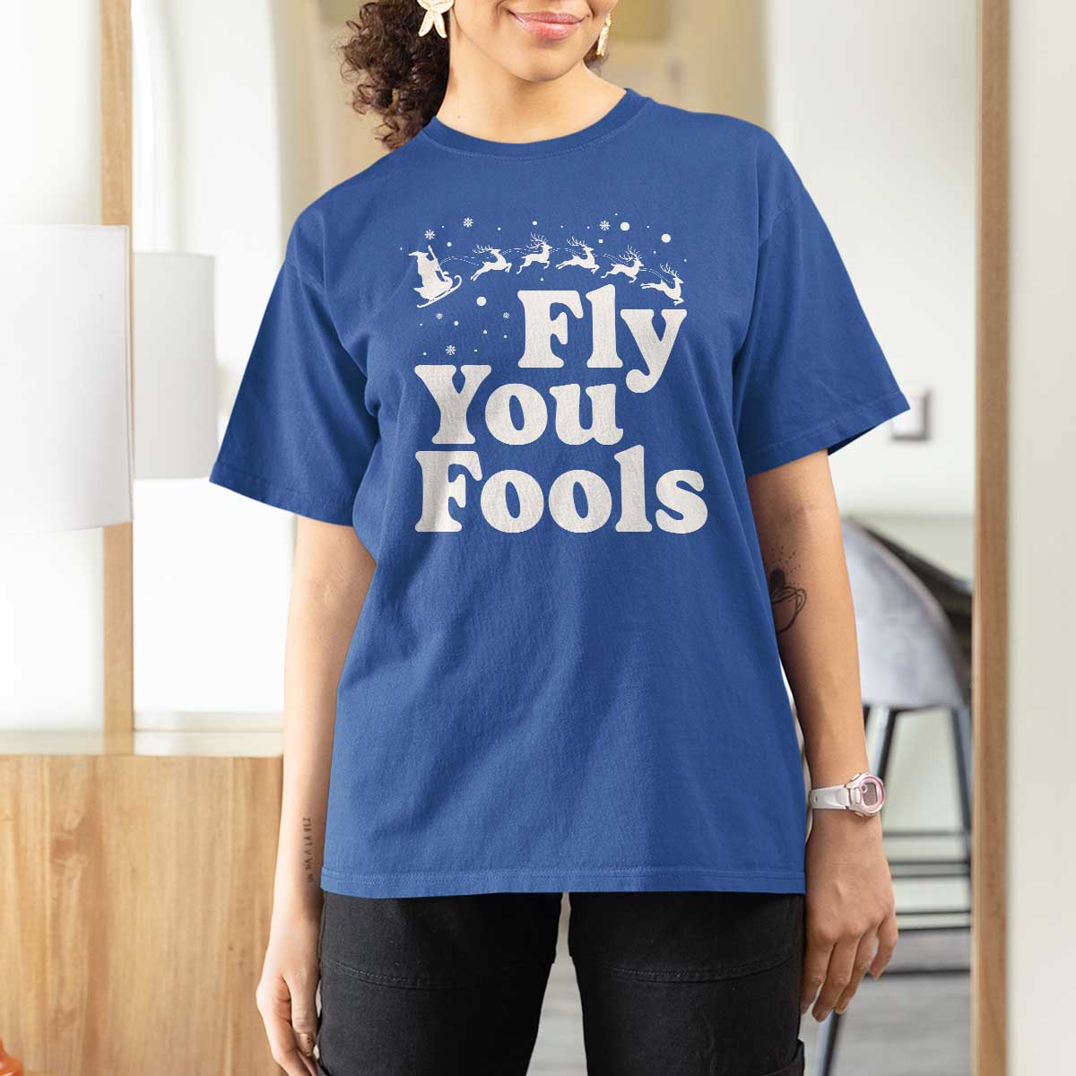 Funny Christmas T Shirt For Women Fly You Fools Fantasy Movie Santa Sleigh Reindeer - Wonder Print Shop