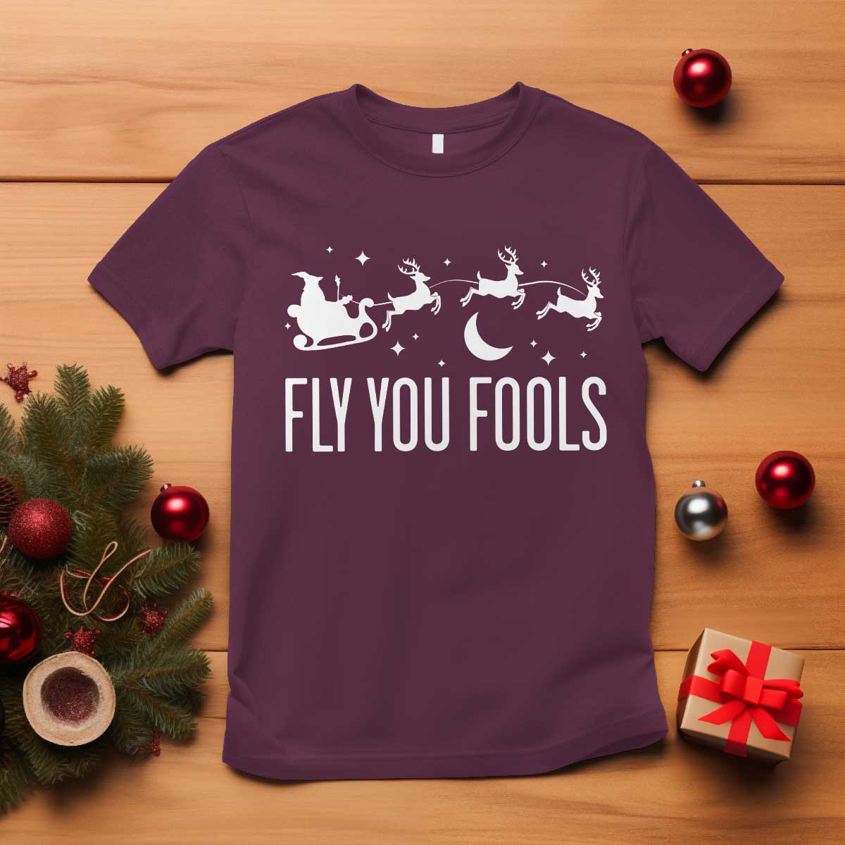 Funny Christmas Fly You Fools T Shirt Fantasy Movie Fellowship Santa Sleigh Reindeer - Wonder Print Shop