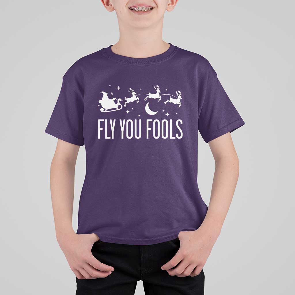 Funny Christmas Fly You Fools T Shirt For Kid Fantasy Movie Fellowship Santa Sleigh Reindeer - Wonder Print Shop