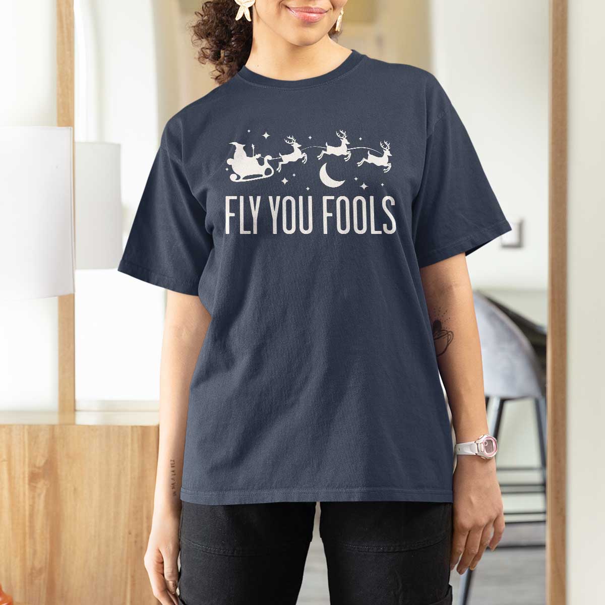 Funny Christmas Fly You Fools T Shirt For Women Fantasy Movie Fellowship Santa Sleigh Reindeer - Wonder Print Shop