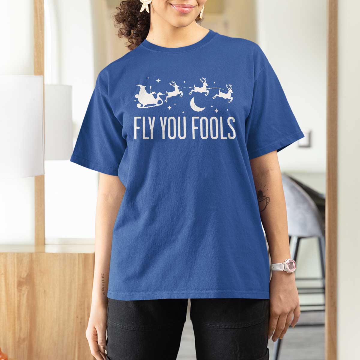 Funny Christmas Fly You Fools T Shirt For Women Fantasy Movie Fellowship Santa Sleigh Reindeer - Wonder Print Shop