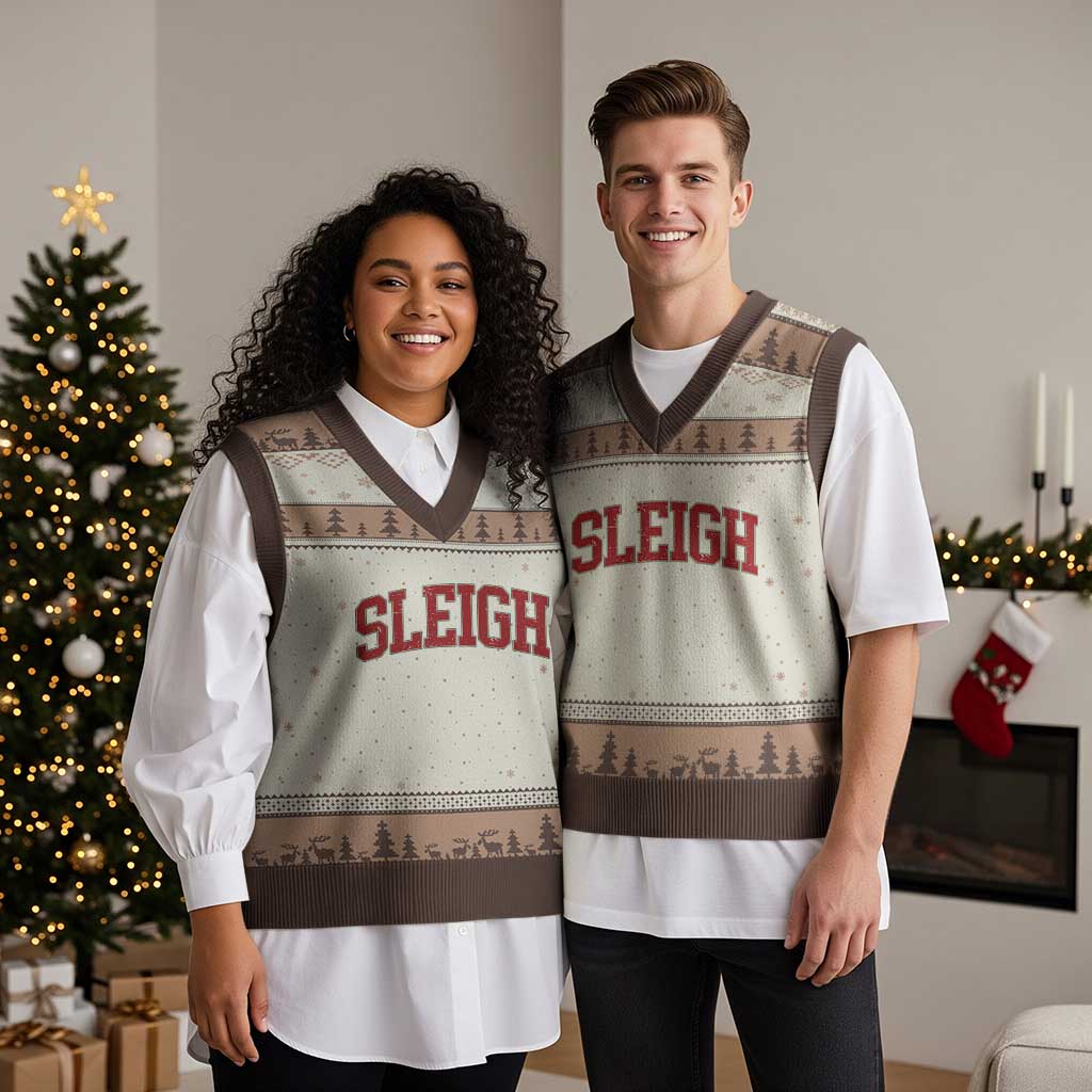 Sleigh Xmas V-Neck Knit Sweater Vest Funny Women Retro Merry Xmas Family Holiday - Wonder Print Shop