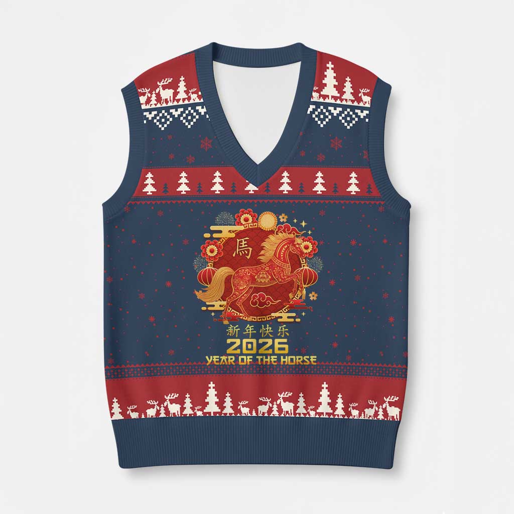 Chinese New Year 2026 V-Neck Knit Sweater Vest Year of The Horse - Wonder Print Shop