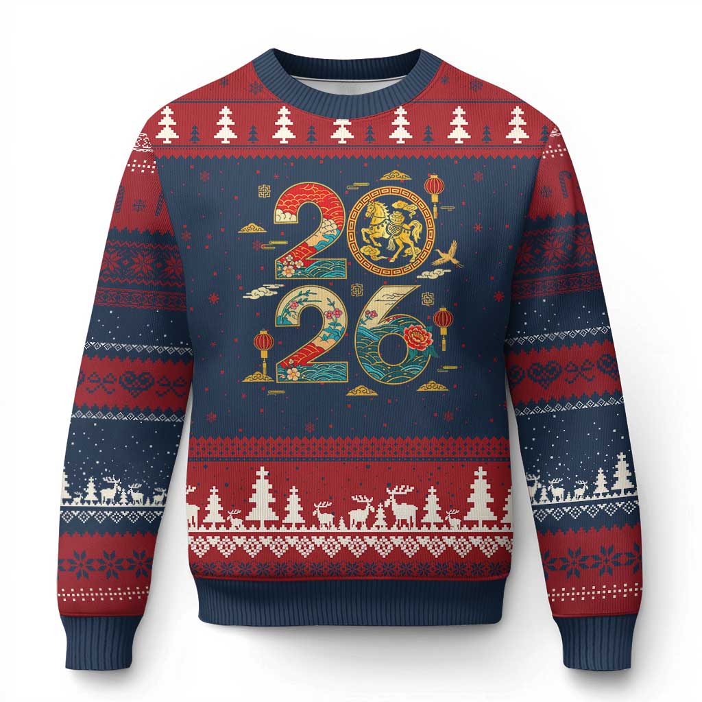 Hello 2026 Lunar New Year Ugly Christmas Sweater Year of the Horse Chinese Zodiac - Wonder Print Shop