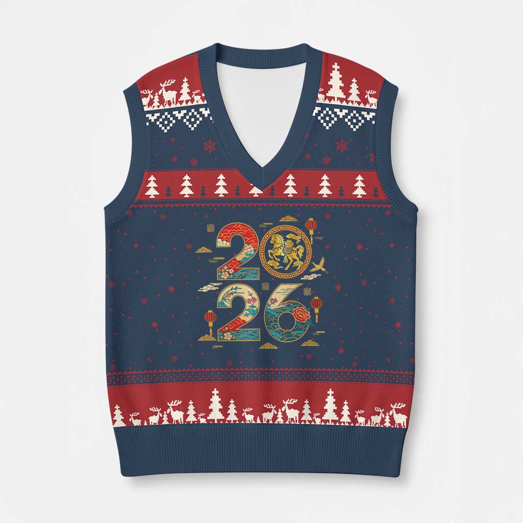 Hello 2026 Lunar New Year V-Neck Knit Sweater Vest Year of the Horse Chinese Zodiac - Wonder Print Shop