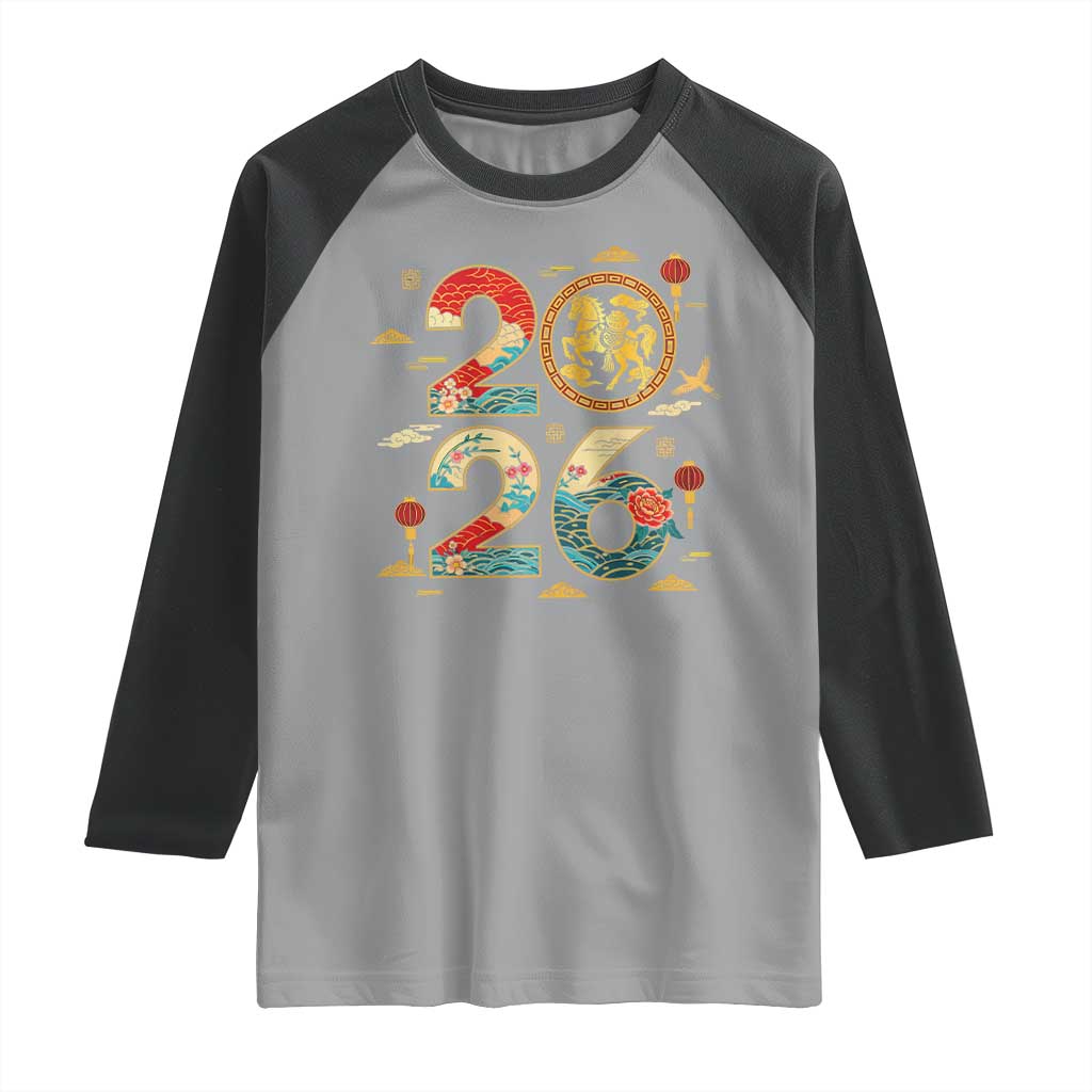 Hello 2026 Lunar New Year Raglan Shirt Year of the Horse Chinese Zodiac - Wonder Print Shop