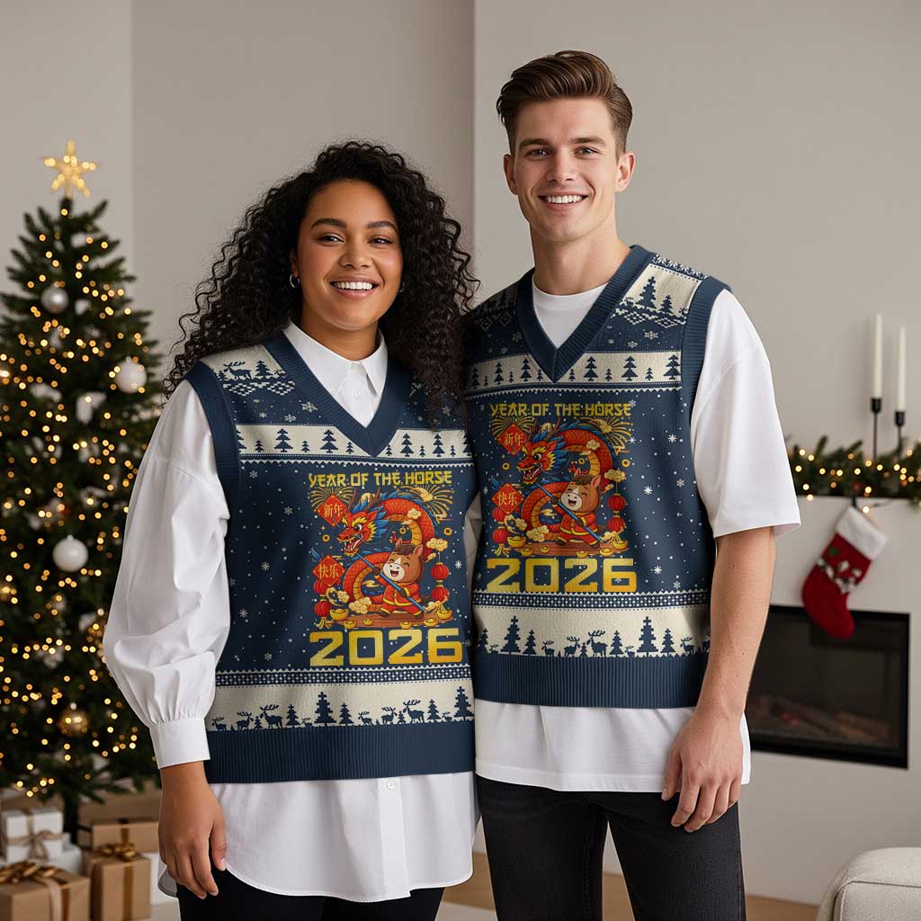 Chinese New Year 2026 V-Neck Knit Sweater Vest LYE Year of The Horse - Wonder Print Shop