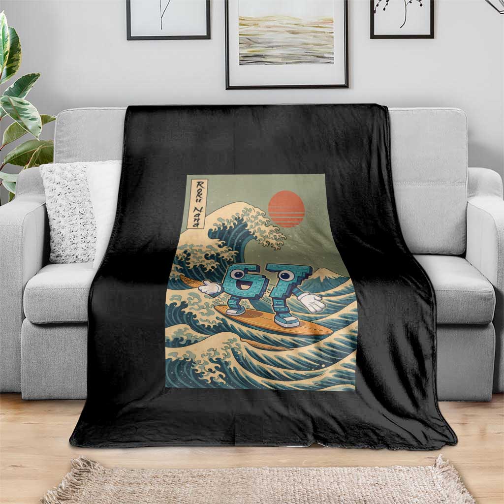 67 Surfing Japanese Throw Blanket Funny Great Wave Off Kanagawa Six Seven Brainrot Meme - Wonder Print Shop