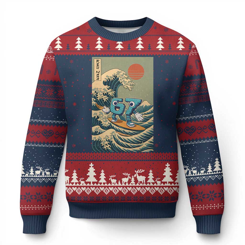 67 Surfing Japanese Ugly Christmas Sweater Funny Great Wave Off Kanagawa Six Seven Brainrot Meme - Wonder Print Shop
