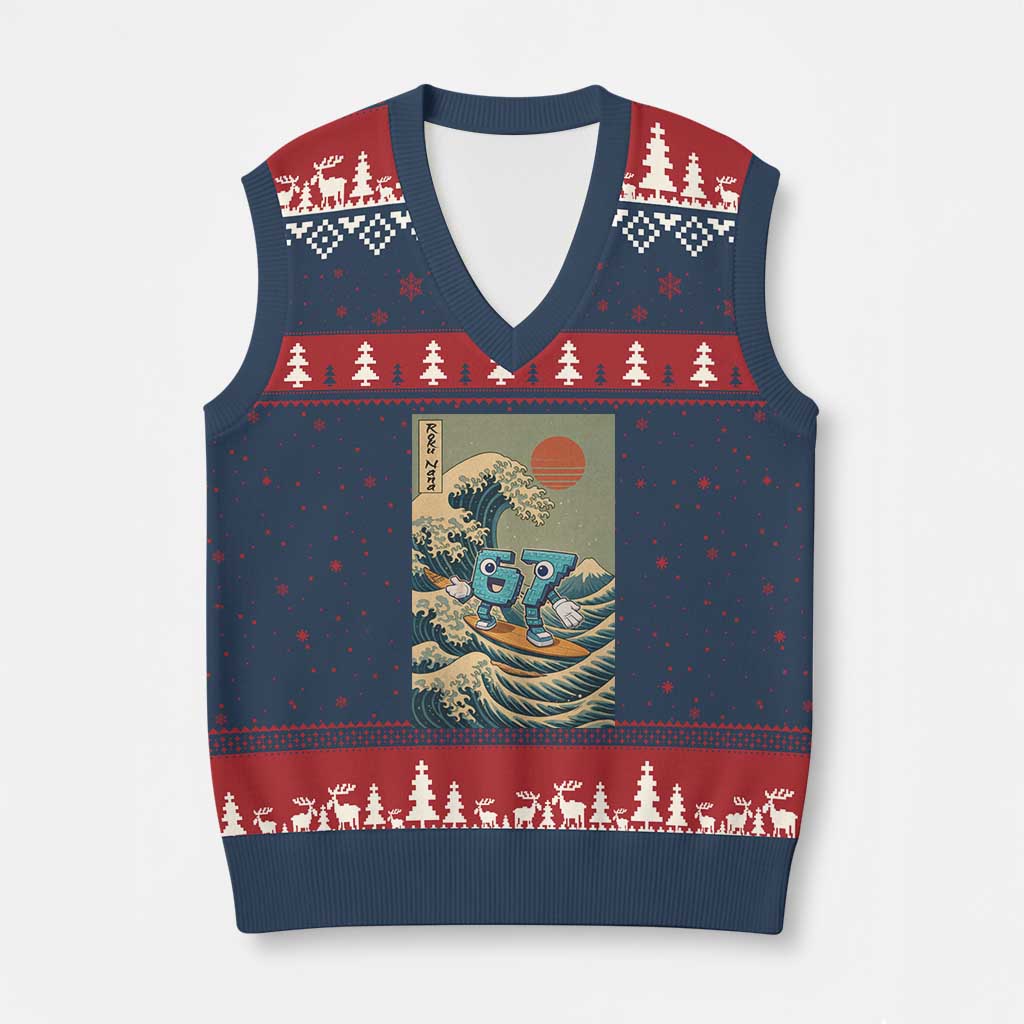 67 Surfing Japanese V-Neck Knit Sweater Vest Funny Great Wave Off Kanagawa Six Seven Brainrot Meme - Wonder Print Shop