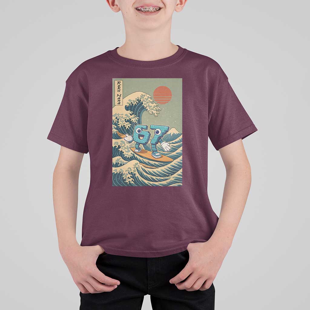 67 Surfing Japanese T Shirt For Kid Funny Great Wave Off Kanagawa Six Seven Brainrot Meme - Wonder Print Shop