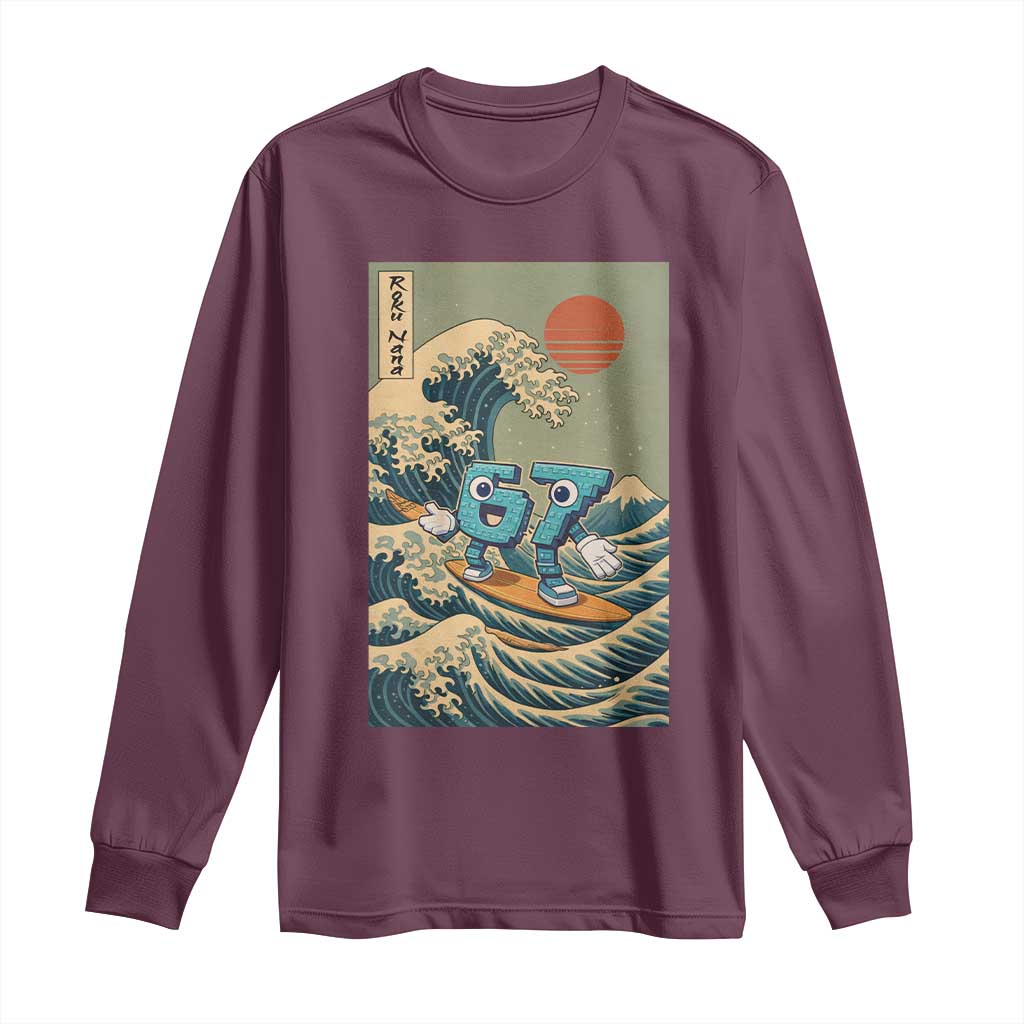 67 Surfing Japanese Long Sleeve Shirt Funny Great Wave Off Kanagawa Six Seven Brainrot Meme - Wonder Print Shop