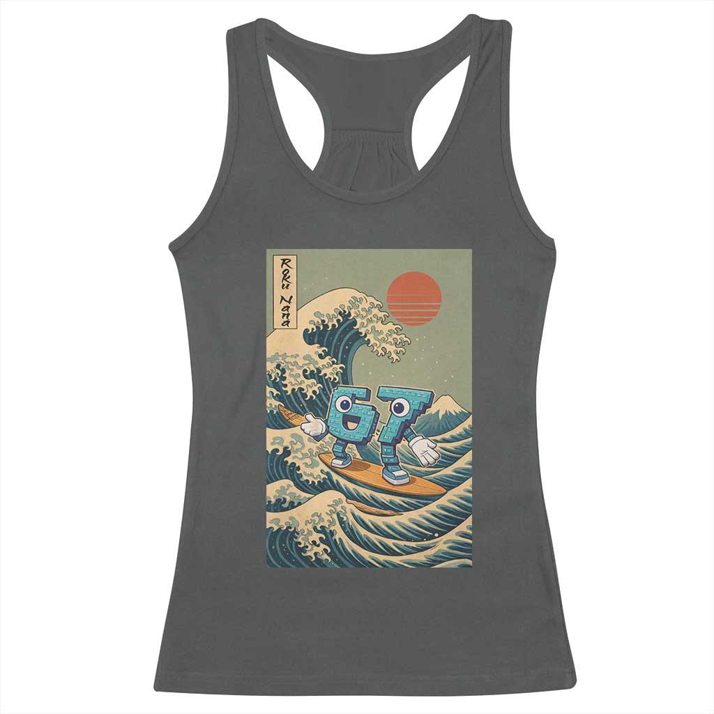 67 Surfing Japanese Racerback Tank Top Funny Great Wave Off Kanagawa Six Seven Brainrot Meme - Wonder Print Shop