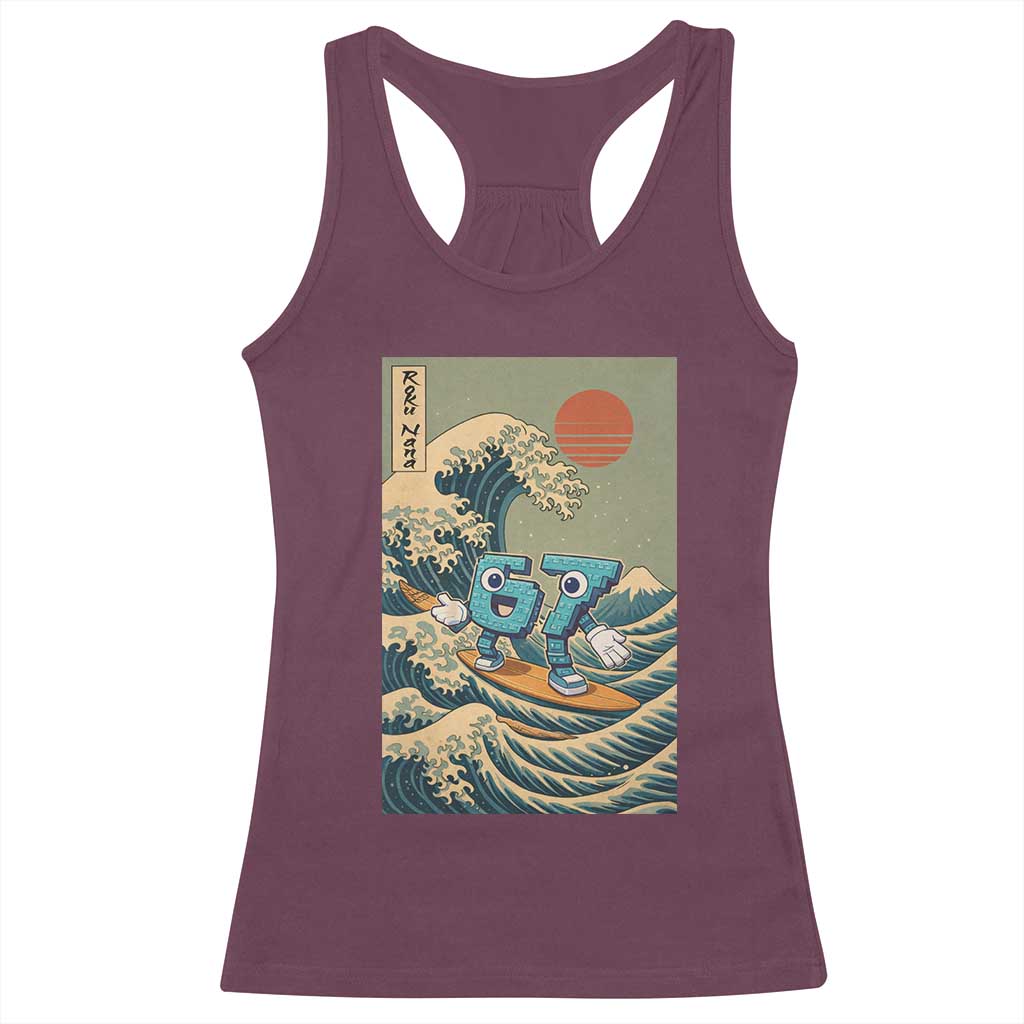 67 Surfing Japanese Racerback Tank Top Funny Great Wave Off Kanagawa Six Seven Brainrot Meme - Wonder Print Shop