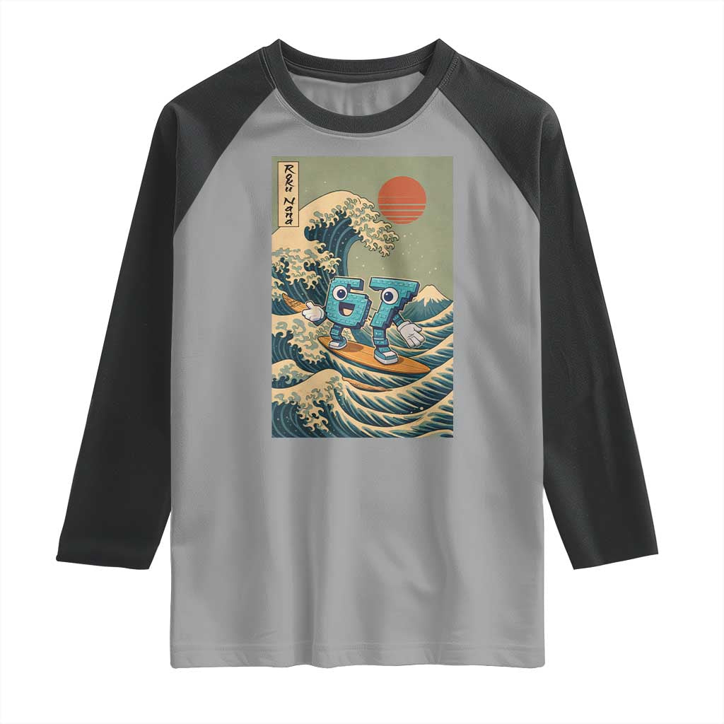 67 Surfing Japanese Raglan Shirt Funny Great Wave Off Kanagawa Six Seven Brainrot Meme - Wonder Print Shop