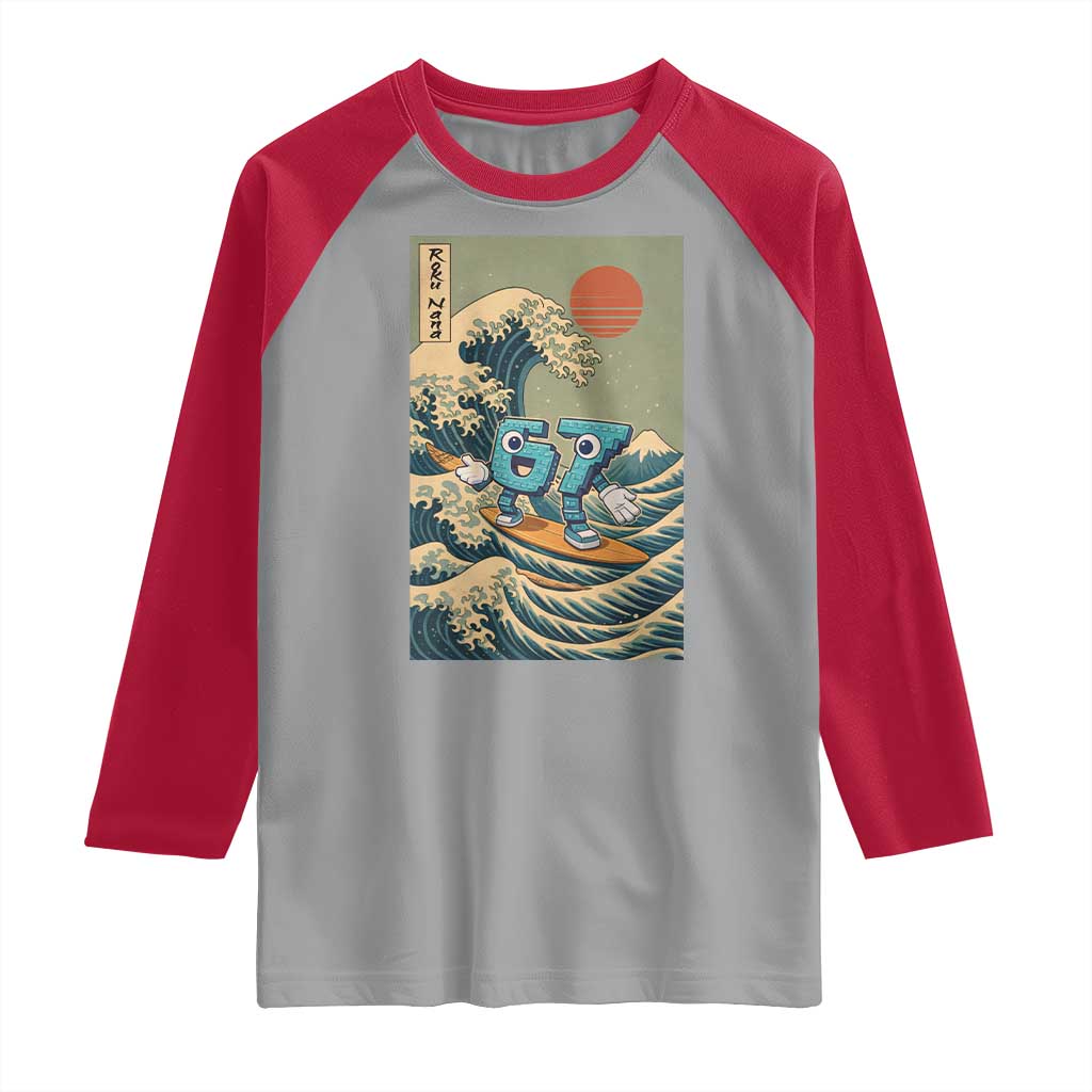 67 Surfing Japanese Raglan Shirt Funny Great Wave Off Kanagawa Six Seven Brainrot Meme - Wonder Print Shop