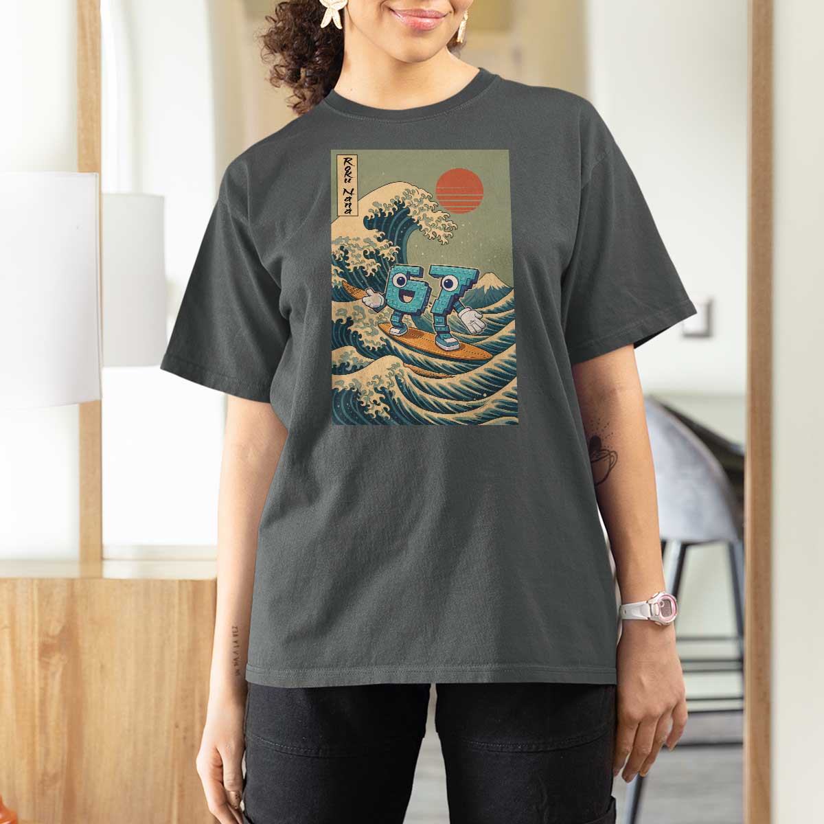 67 Surfing Japanese T Shirt For Women Funny Great Wave Off Kanagawa Six Seven Brainrot Meme - Wonder Print Shop