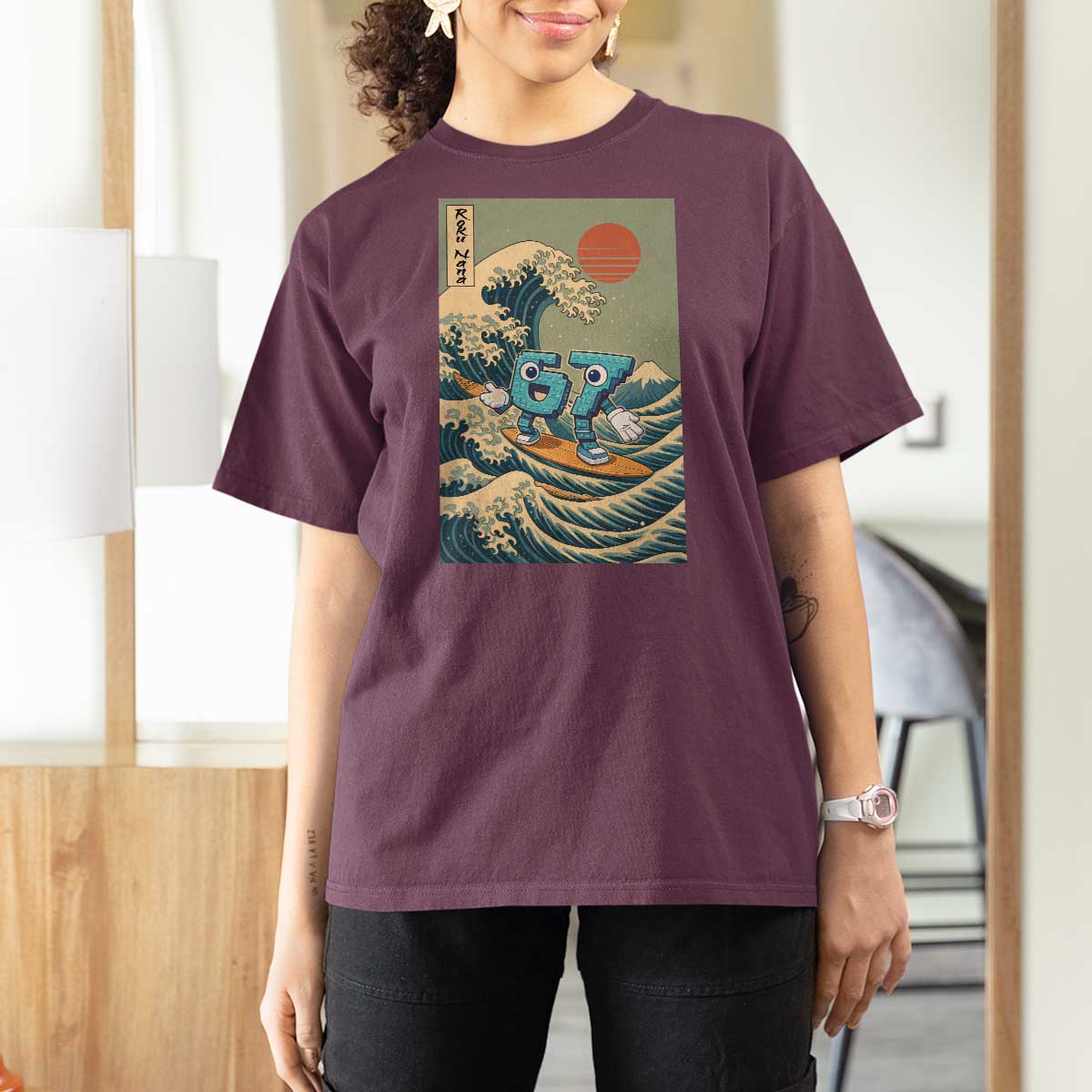 67 Surfing Japanese T Shirt For Women Funny Great Wave Off Kanagawa Six Seven Brainrot Meme - Wonder Print Shop