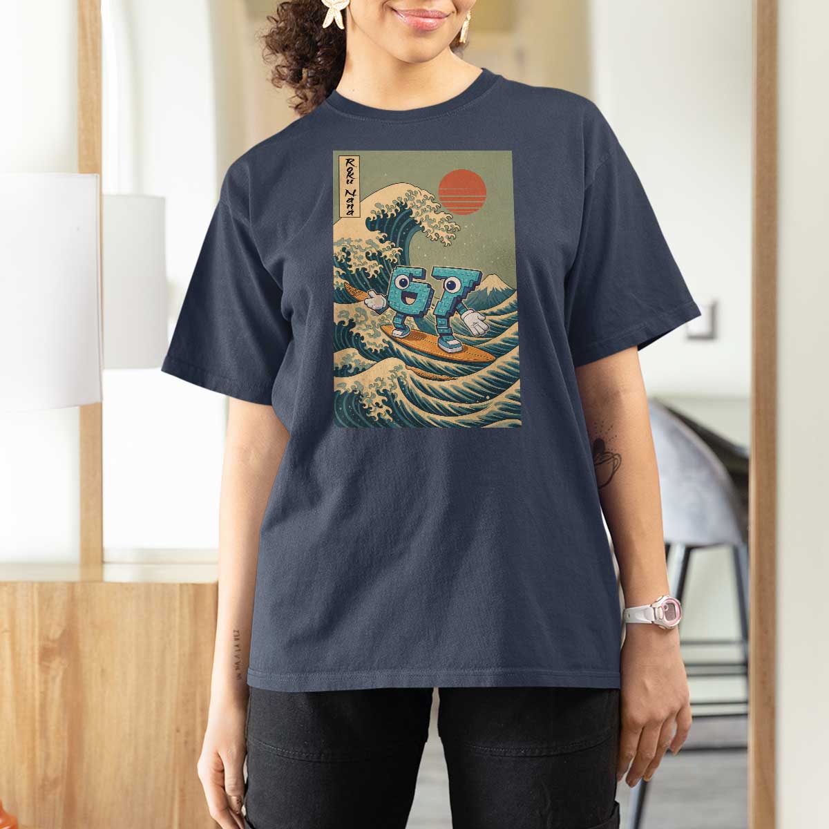 67 Surfing Japanese T Shirt For Women Funny Great Wave Off Kanagawa Six Seven Brainrot Meme - Wonder Print Shop