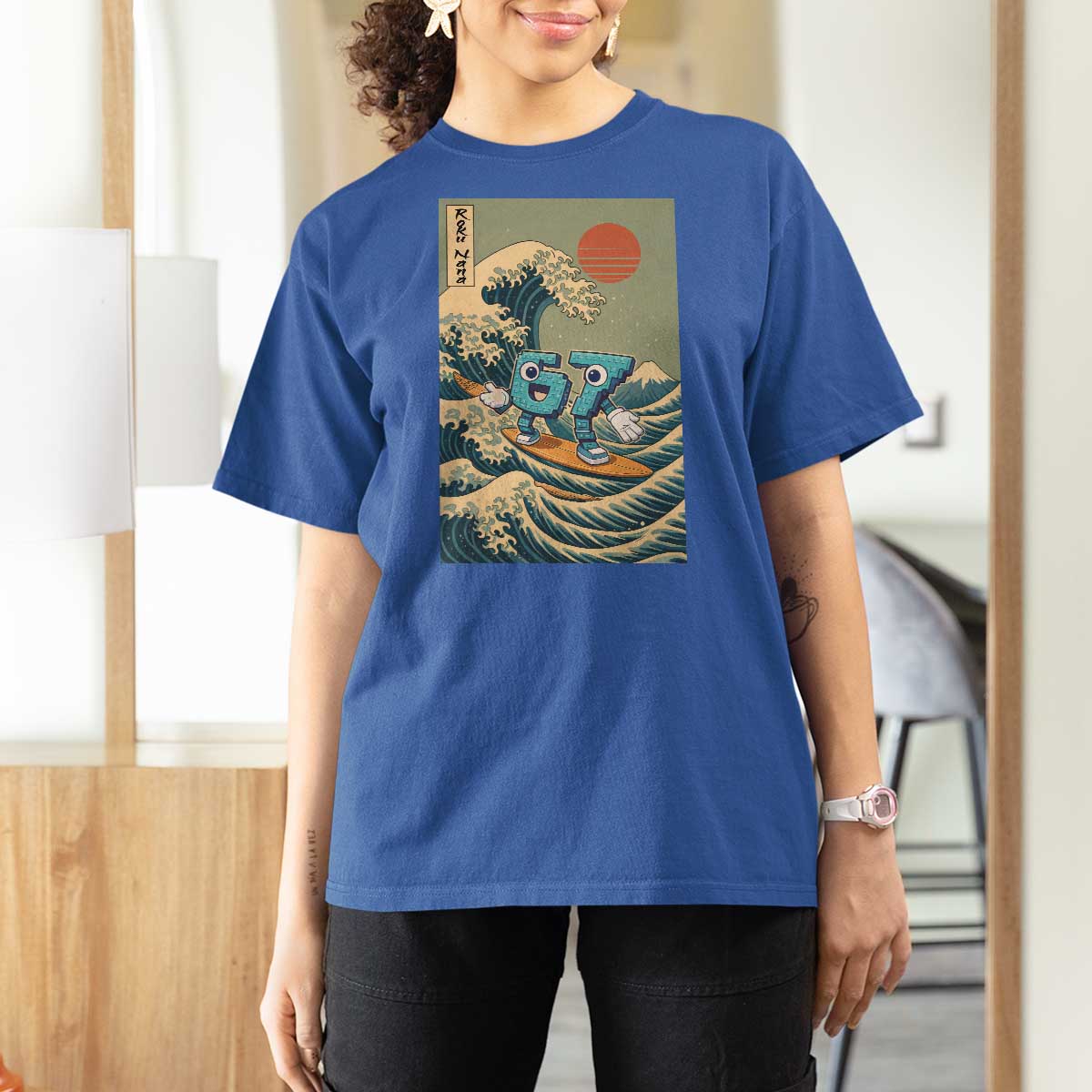67 Surfing Japanese T Shirt For Women Funny Great Wave Off Kanagawa Six Seven Brainrot Meme - Wonder Print Shop