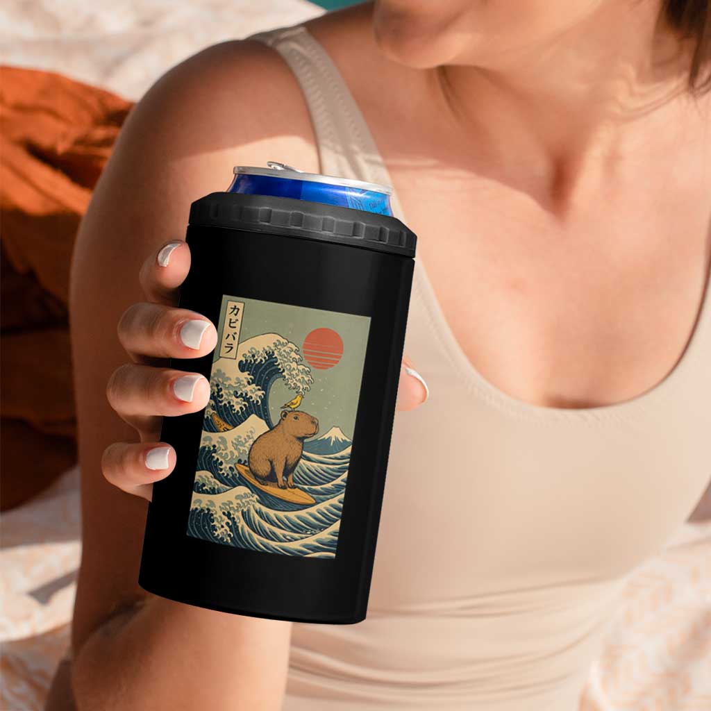 Capybara Surfing Japanese 4 in 1 Can Cooler Tumbler Vintage Great Wave Off Kanagawa Anime Kawaii - Wonder Print Shop