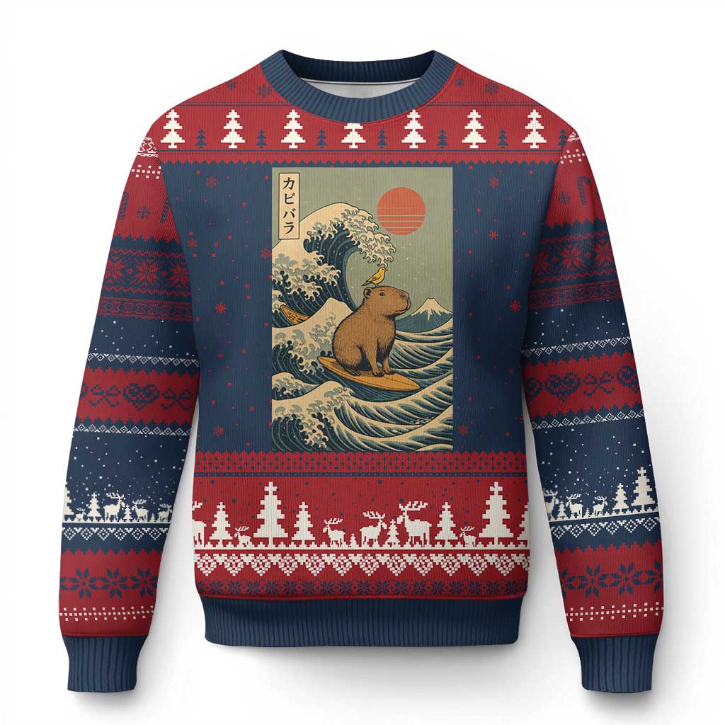 Capybara Surfing Japanese Ugly Christmas Sweater Vintage Great Wave Off Kanagawa Anime Kawaii - Wonder Print Shop