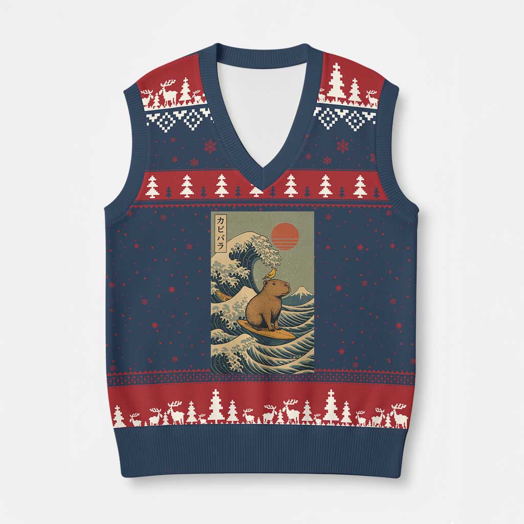 Capybara Surfing Japanese V-Neck Knit Sweater Vest Vintage Great Wave Off Kanagawa Anime Kawaii - Wonder Print Shop