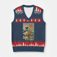 Capybara Surfing Japanese V-Neck Knit Sweater Vest Vintage Great Wave Off Kanagawa Anime Kawaii - Wonder Print Shop