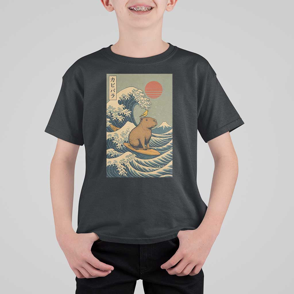 Capybara Surfing Japanese T Shirt For Kid Vintage Great Wave Off Kanagawa Anime Kawaii - Wonder Print Shop
