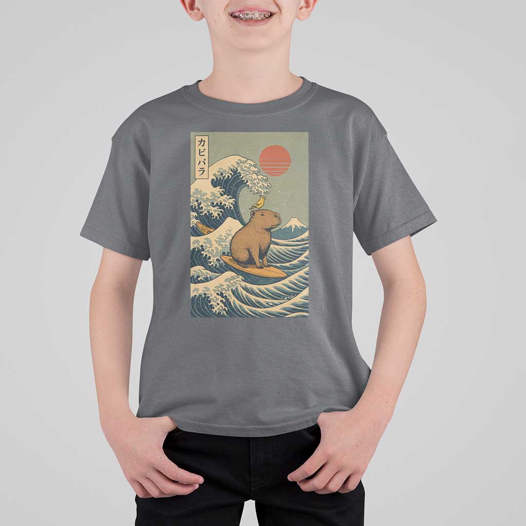 Capybara Surfing Japanese T Shirt For Kid Vintage Great Wave Off Kanagawa Anime Kawaii - Wonder Print Shop