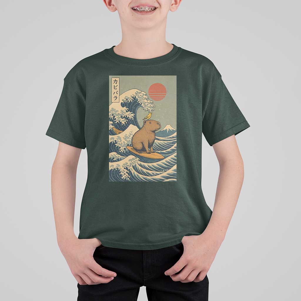 Capybara Surfing Japanese T Shirt For Kid Vintage Great Wave Off Kanagawa Anime Kawaii - Wonder Print Shop