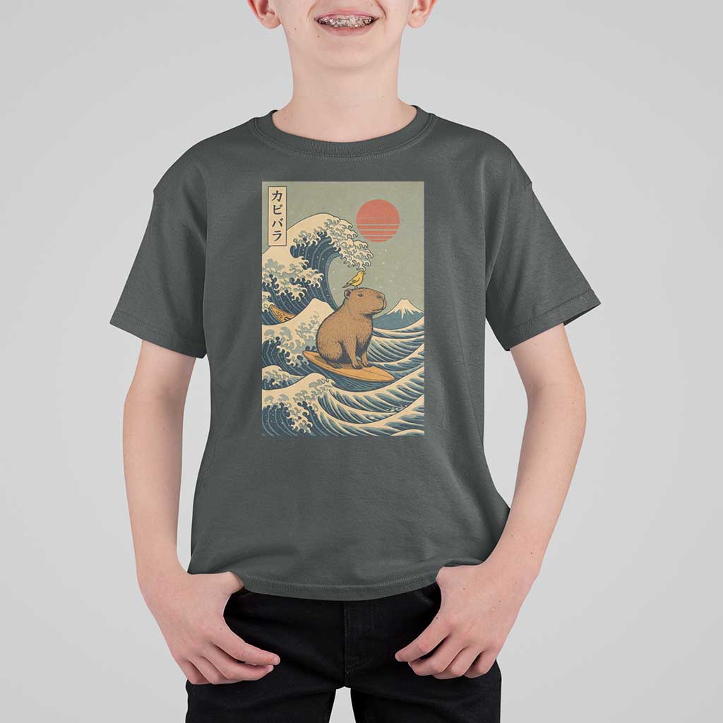 Capybara Surfing Japanese T Shirt For Kid Vintage Great Wave Off Kanagawa Anime Kawaii - Wonder Print Shop