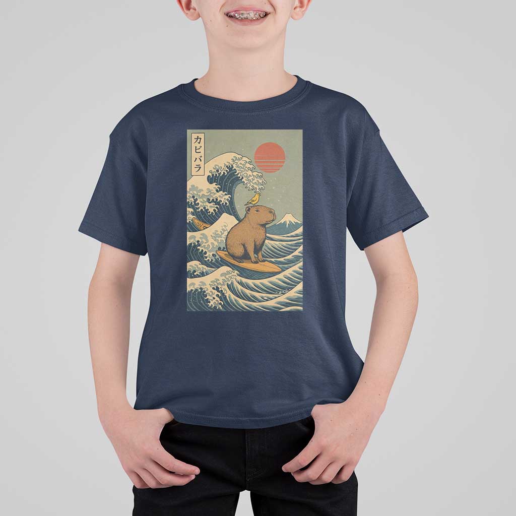 Capybara Surfing Japanese T Shirt For Kid Vintage Great Wave Off Kanagawa Anime Kawaii - Wonder Print Shop