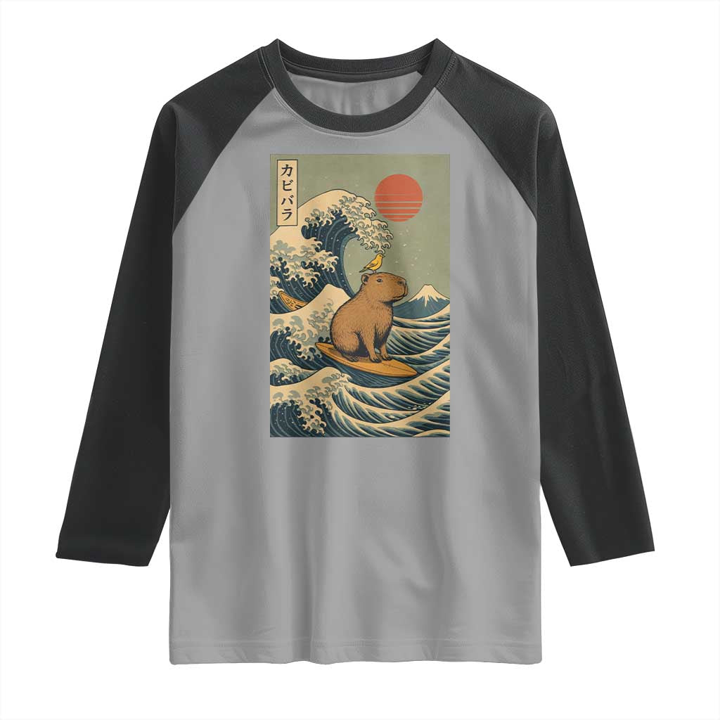 Capybara Surfing Japanese Raglan Shirt Vintage Great Wave Off Kanagawa Anime Kawaii - Wonder Print Shop